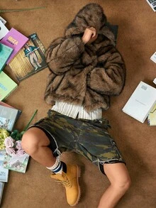 STEELVANCE 男士冬季长袖拉链休闲连帽仿皮草大衣，秋季