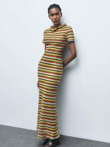Maija 女式秋冬多色条纹修身圆领短袖长裙，别致度假浪漫休闲精致时尚几何波浪提花针织海滩波西米亚风格度假连衣裙 - 彩色 - 查看 4