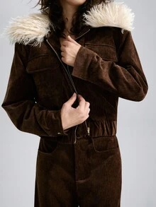 Airlisse Set de 2 piezas: Chaqueta corta con cuello de piel desmontable de estilo retro americano y pantalones rectos, color marrón, para invierno