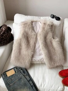 Young Girl Furry Gradient Color Block Open Front Fuzzy Coat Sleeveless Vest,Cute Casual National Style Fashionable Mom & Daughter Matching,Fall/Winter - Apricot - View 10
