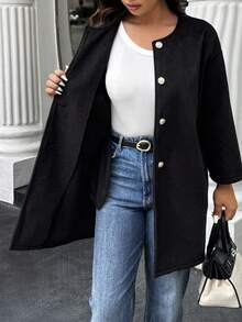 Easura Plus Size Casual Solid Color Jacket, Autumn/Winter Fall Cloth For Women - Black - View 6