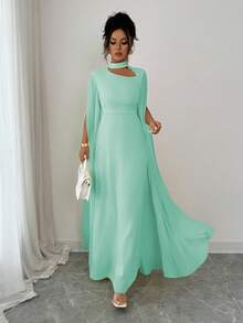 Elenzga 女士优雅法式浪漫度假风沙滩裙，雪纺透明面料，镂空领口，后背交叉系带，喇叭长裙，长袖，开衩袖口，适合下午茶、派对、中东风格、春夏季 - 薄荷綠 - 查看 6