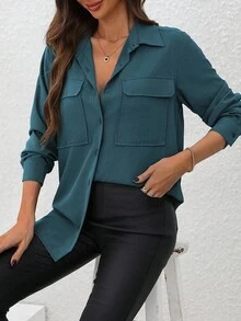 EMERY ROSE Women's Solid Color Minimalist Long Sleeve Shirt, Casual Everyday Wear