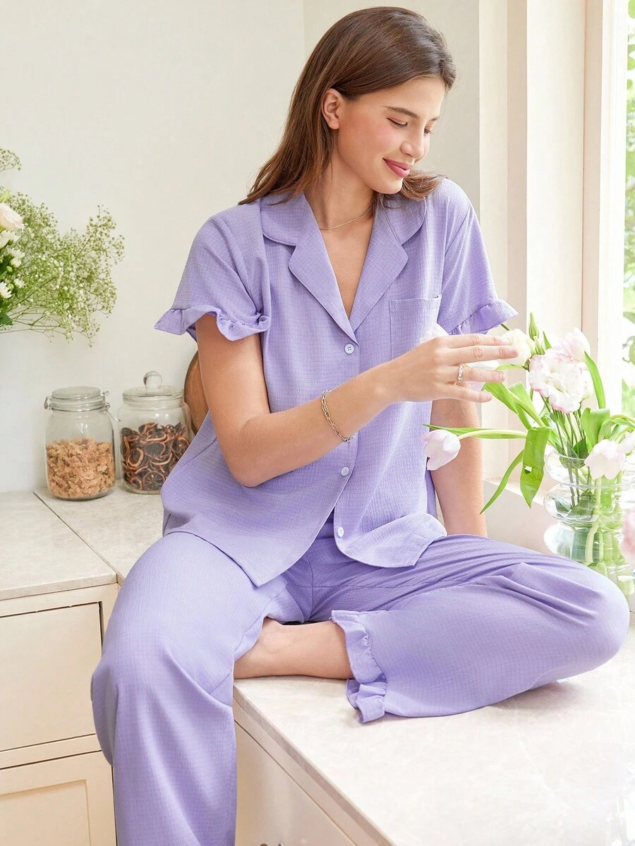 Ruffle Trim Pocket Patched PJ Set / Pajama Set - Purple - View 1