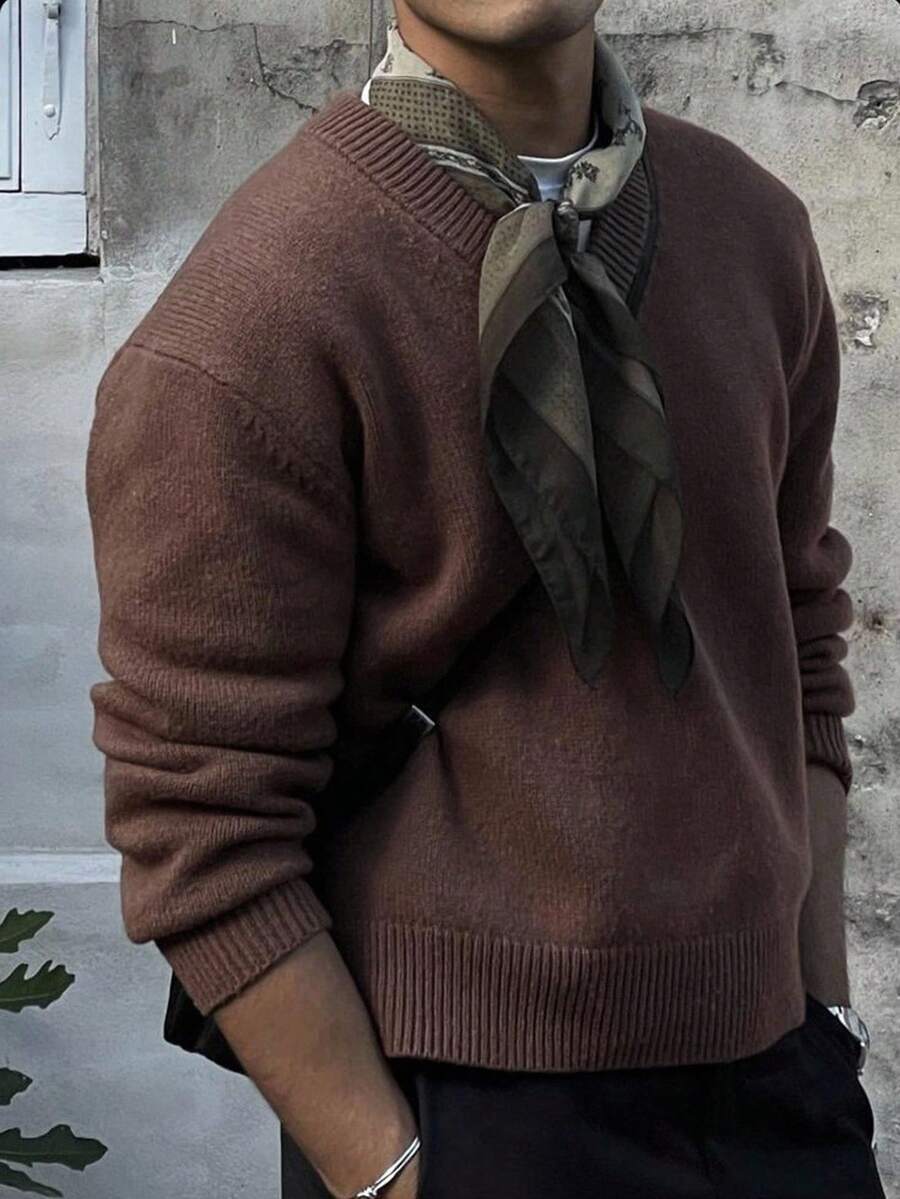 Manfinity Homme Áo len cổ chữ V màu trơn đa năng thường ngày cho nam Áo len tông màu đất Áo len nam màu nâu, Thu Đông - Nhiều màu - Xem 1