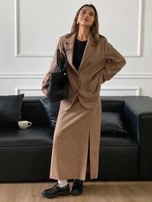 DAZY Women's Solid Color Loose Long Sleeve Lapel Pocket Blazer Jacket & A-Line Split Hem Skirt Casual Elegant Suit Set, Autumn/Winter Business Attire - Brown - View 5