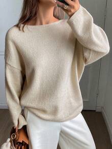 DAZY 女士纯色宽松长款灯笼袖圆领露肩休闲针织毛衣，秋冬 - 杏色 - 查看 1