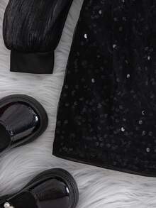 Robe noire élégante à manches longues en maille pailletée pour bébé fille, robe pailletée noire pour bébé fille, robe de soirée noire pailletée pour bébé fille - Noir - Voir 6