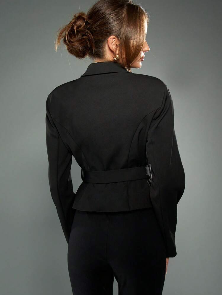 MISSGUIDED Boxy Fit Women Blazer Business Professional Black Tailored Lapel Belted Wrap Jacket With Gold Metal Statement Accent Workwear Office Career Fall Winter Long Sleeve