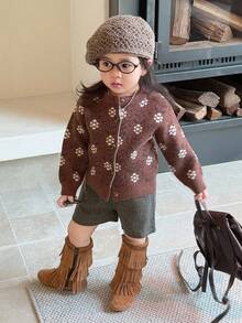 DAZY Cardigan Longgar Gaya Korea Motif Bunga Blok Warna untuk Balita Perempuan, Musim Gugur/Dingin - Coffee Brown - View 3