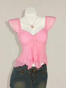 SHEIN ICON 女式褶饰前开襟性感网眼拼接盖袖露背休闲度假短款背心