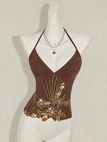 SHEIN ICON 女式 Y2K 花卉串珠刺绣不对称下摆露背修身背心，性感迷人 - 棕色 - 查看 3