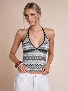 SHEIN BAE Women's Casual Versatile Sexy Fitted Halter Backless Crop Top