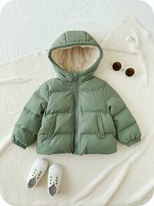 SHEIN Áo khoác dày dặn giữ nhiệt màu xanh lá cây có mũ cho bé trai, kiểu dáng thường ngày ấm áp, thích hợp cho cả nam và nữ, mùa đông. - Nhiều màu - Xem 5