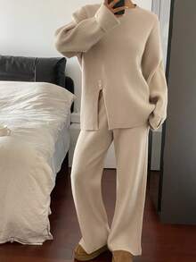 DAZY Women's Casual Solid Color Crew Neck Sweater And Pants 2-Piece Set, Autumn