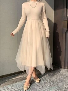 DAZY Váy len dệt kim lưới chắp vá thanh lịch dành cho nữ, mùa thu - Màu be - Xem 1