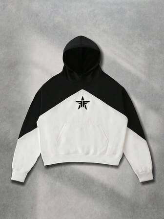 Street Life Men's Autumn Star Print Patchwork Contrast Color Hoodie Sweatshirt