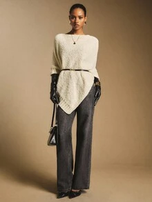 Poéselle Solid Color Casual Loose Asymmetric Hem Women Sweater In Fall/Winter,Cozy Fall And Winter Clothes For Women - Apricot - View 7