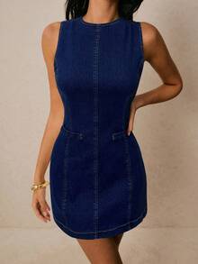 Poéselle 女士休闲简约修身圆领无袖牛仔连衣裙 - 深色水洗藍 - 查看 5