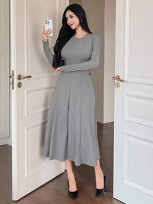 DAZY 女士纯色简约长袖连衣裙，日常穿着 - 灰色 - 查看 5