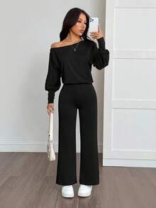 SHEIN PETITE Women's Solid Color Asymmetric Collar Casual Jumpsuit, Suitable For Petite,Fall Clothes For Women,Chic Women's Jumpsui,Elegant,Civil Wedding,Wedding Guest , Party,Home, Leisure, Comfort Upgrade,Sporty, Multifunctional - Black - View 6