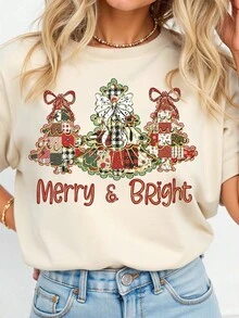 EMERY ROSE Merry And Bright Christmas Tree Printed Casual Plus Size T-Shirt - Beige - View 1