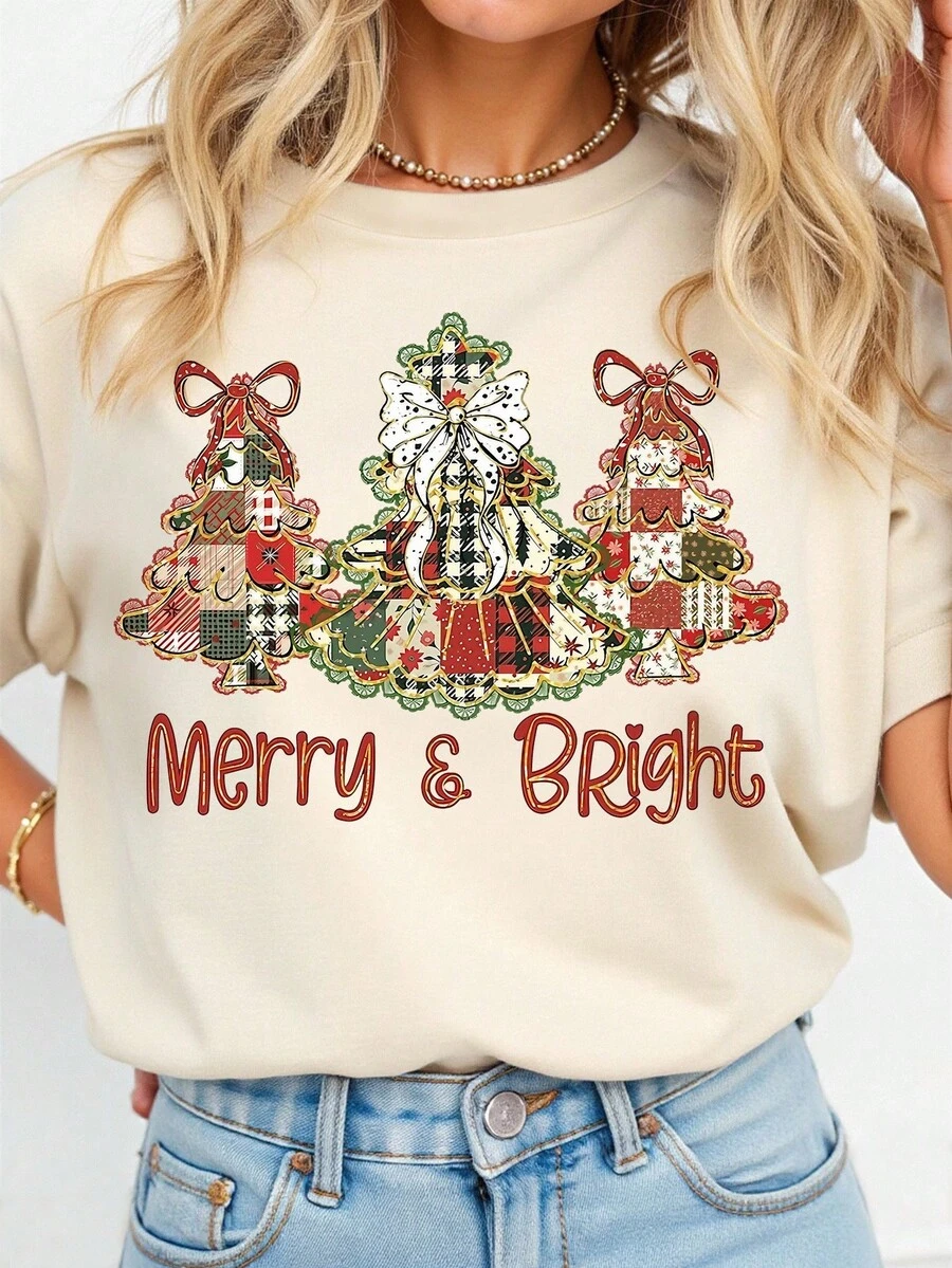 EMERY ROSE Merry And Bright Christmas Tree Printed Casual Plus Size T-Shirt - Beige - View 1