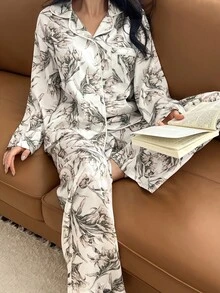 DAZY Charming Floral Print Women Pajama Set, Fall Clothes - White - View 1