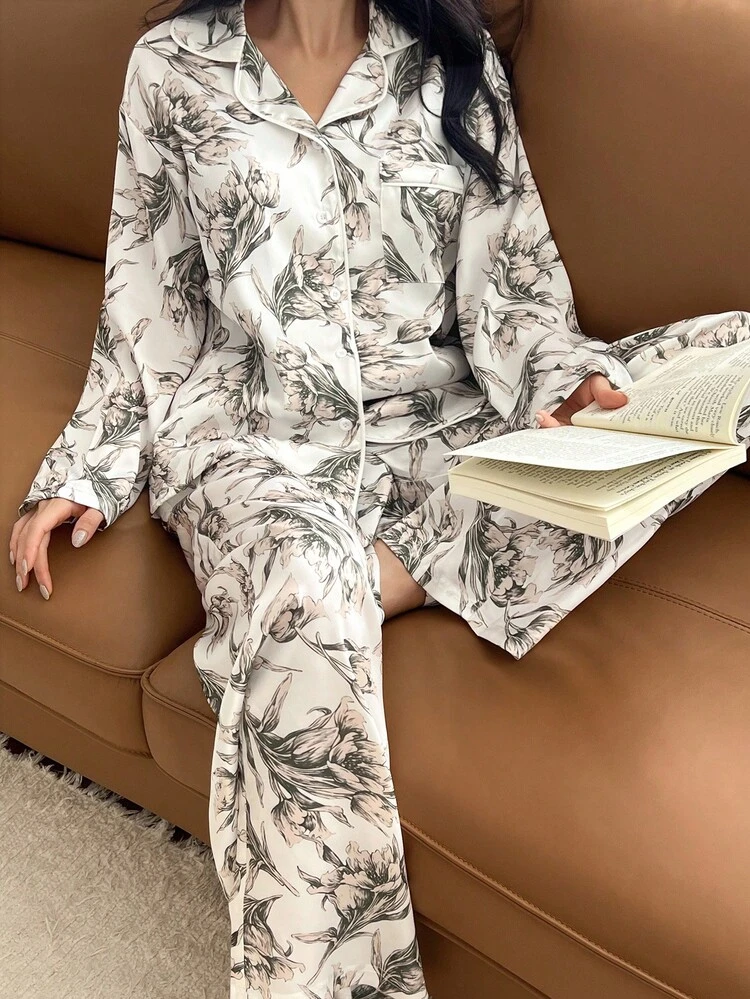 Charming Floral Print Women Pajama Set, Fall Clothes