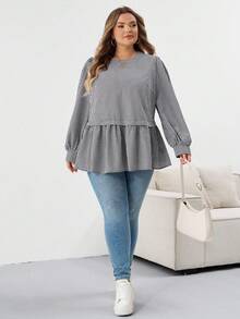 SHEIN CURVE+ Áo sơ mi tay loe cổ tròn kẻ caro đen trắng cỡ lớn thường ngày/Mùa thu/Mùa đông - Đen và trắng - Xem 8