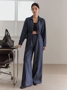 DAZY Áo khoác cardigan cổ bẻ denim và quần ống rộng cho nữ Bộ đồ denim thường ngày - Rửa tối - Xem 6