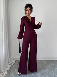 Elenzga Women's Elegant Burgundy Crossover Tie-Waist Floral Patchwork French Chic A-Line Long Sleeve Blouse And Flared Pants 2 Pieces Set, Spring/Autumn - Burgundy - View 3