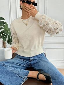 SHEIN Frenchy Women's Fashion Sequin Decor Round Neck Long Sleeve Sweater,Fall And Winter, Christmas,New Year - Apricot - View 6