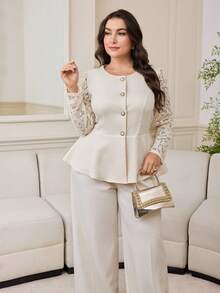 Modelyn Áo khoác ren tương phản thanh lịch cỡ lớn cho nữ, cài một hàng khuy, viền xếp nếp, mùa thu - Màu be - Xem 5