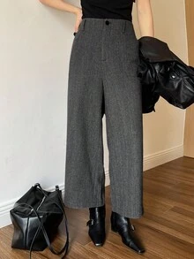 DAZY 女士人字纹羊毛混纺直筒九分裤，秋冬休闲长裤