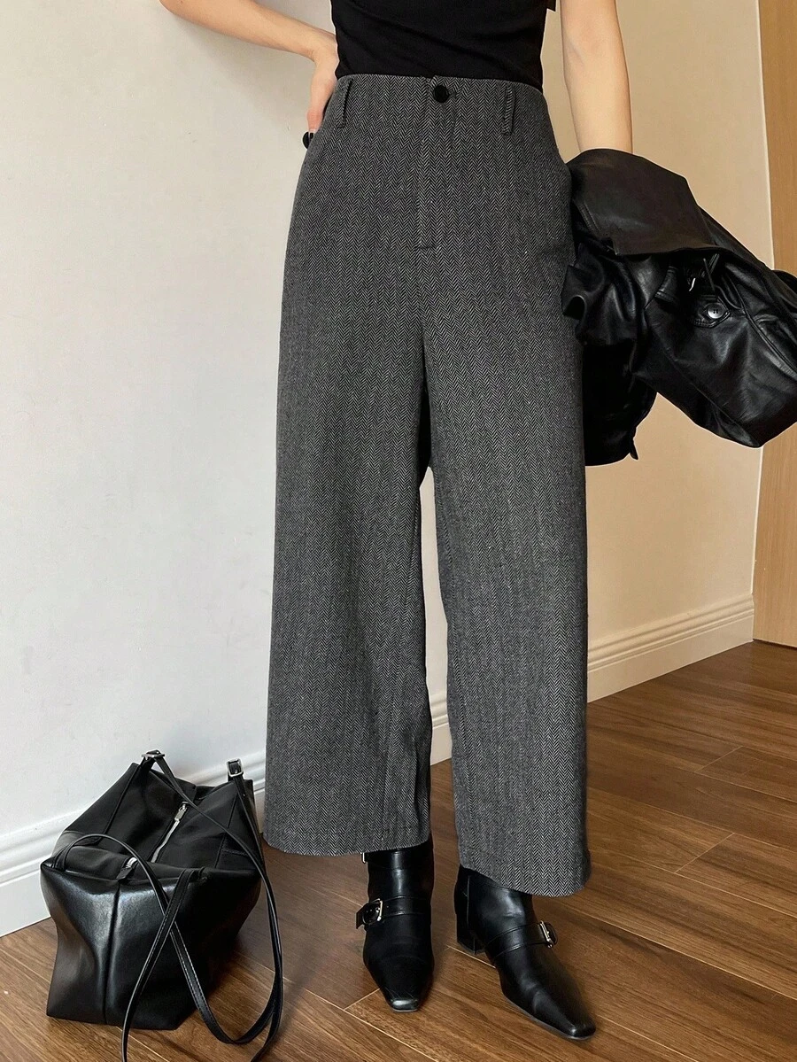 DAZY 女士人字纹羊毛混纺直筒九分裤，秋冬休闲长裤