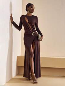 Zivah Women's Elegant Dark Brown Long Sleeve Metal Button Long Dress,Autumn Night Out Music Festival,St. Patrick's Day,College Style,Casual Beach Vacation - Brown - View 1