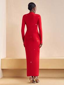 Zivah 2025 Autumn/Winter New Arrival Music Festival, Easter, St. Patrick's Day, Western, Nomadic, Birthday Party, Graduation, College Style, Student, Daily Casual, Basic Versatile, Leisure, Cruise Travel, Beach, Sunbathing, Viral, Streetwear, Wedding Guest Boho, Commute, Brunch, Airport, Red, Padded Shoulder, Long Sleeve Ruched Women's Maxi Dress - Red - View 3