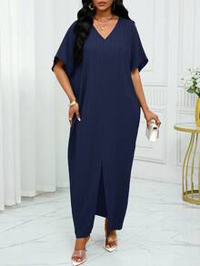 SHEIN Lady 春夏休闲绿色编织亚麻缺口蝙蝠袖中长款束腰连衣裙大码连衣裙度假装女士沙滩装女士海滩度假沙滩裙婚礼宾客礼服女士商务休闲女士舞会礼服 - 藏蓝色 - 查看 3