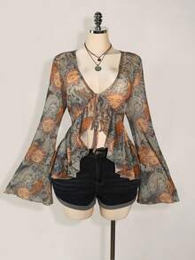 SHEIN ICON Áo len dệt kim buộc trước in họa tiết cổ điển Y2K cỡ lớn, họa tiết Paisley thần Mặt trời, phong cách Boho, áo cánh in họa tiết mỏng tay loe, lễ hội âm nhạc, kỳ nghỉ hè - Màu xanh lam - Xem 6
