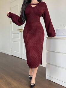DAZY 女士纯色毛衣裙，秋季红色女装 - 酒紅色 - 查看 5