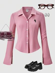 青少年女孩花卉印花修身纽扣长袖休闲衬衫，读书周服装青少年女孩长袖上衣 - 粉色 - 查看 4