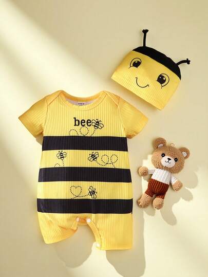 SHEIN Playful Pals 新生儿数字蜜蜂印花服装套装，时尚可爱风格，配有帽子，夏季