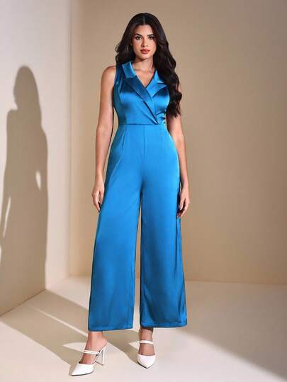 JIAN LASALA Peak Lapel V Neck Sleeveless Wide-Leg Solid Satin Jumpsuit Women Autumn Elegant Wear Women Jumpsuits Blue Jumpsuit For Women Sleeveless Jumpsuit Teal Jumpsuit Wide Leg Jumpsuit Women Jumpsuits Flare Jumpsuit Royal Blue Jumpsuit Winter Wedding Guest Luxury Stylish Clothing Collection Bachelorette Party Prom Jumpsuits