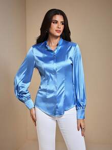 JIAN LASALA Stehkragen Laterne Langarm Figurbetontes Satin Knopfleiste Bluse Damen Frühling Herbst Elegant Winter Hochzeitsgast Luxuriöse Stilvolle Bekleidungskollektion - Blau - Übersicht 4