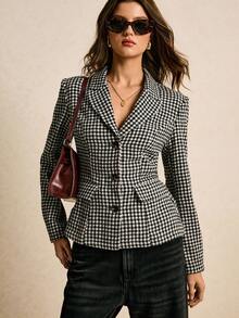 Poéselle 女士千鸟格单排扣优雅西装外套，女士冬季外套，优雅办公通勤装，新年佳节，适合日常穿着、外出、通勤、秋冬季 - 黑與白 - 查看 1