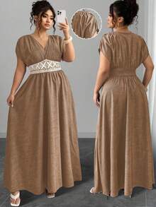 Elenzga Plus Size Women's Casual Maxi Dress With Waist Embroidery, Paisley Print, Bohemian V-Neck, Ruched Shoulder, Cinched Waist, Slimming, Elegant For Outing, Afternoon Tea, Party, Daily, Vacation