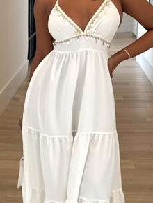 Alexandranx Vacation Casual Embroidered Lace Up Backless A-Line Dress - White - View 3