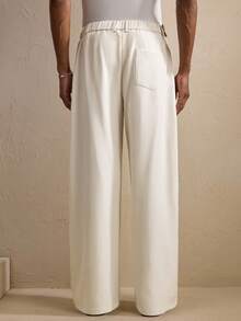 AKNOTIC Business Casual 男士花卉图案腰带设计褶皱阔腿宽松休闲裤，秋季 - 黑色 - 查看 6
