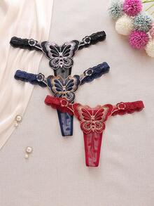 SHEIN 3pcs/Pack Women's Low Waist Lace Thong Panties, Random Heart Pattern - Multicolor - View 5